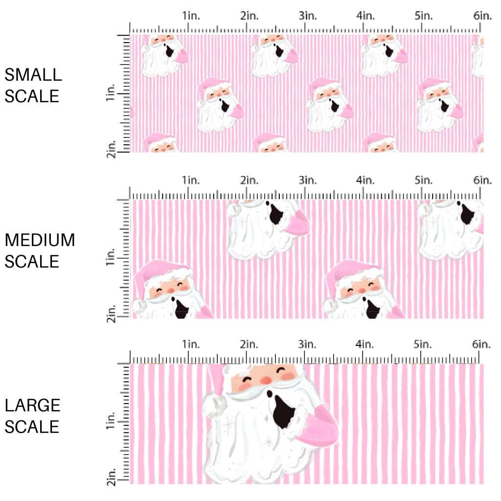 These Santa themed pattern fabric by the yard features the following design elements: Santa surrounded by pink and white Christmas stripes. This fun themed fabric can be used for all your sewing and crafting needs!