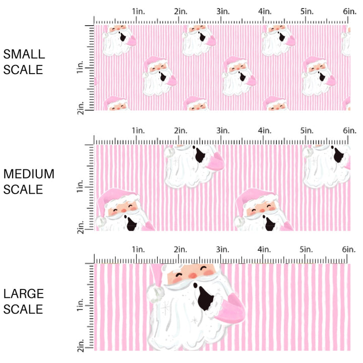 These Santa themed pattern fabric by the yard features the following design elements: Santa surrounded by pink and white Christmas stripes. This fun themed fabric can be used for all your sewing and crafting needs!