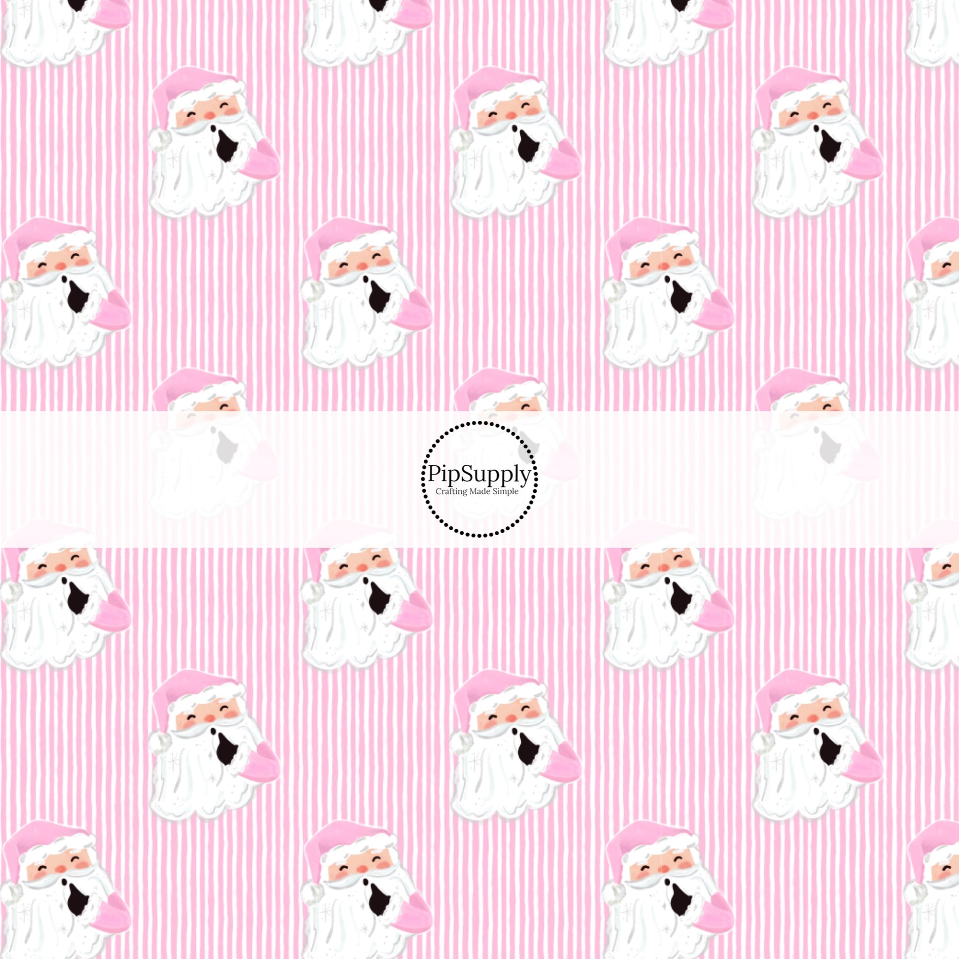 These Santa themed pattern fabric by the yard features the following design elements: Santa surrounded by pink and white Christmas stripes. This fun themed fabric can be used for all your sewing and crafting needs!