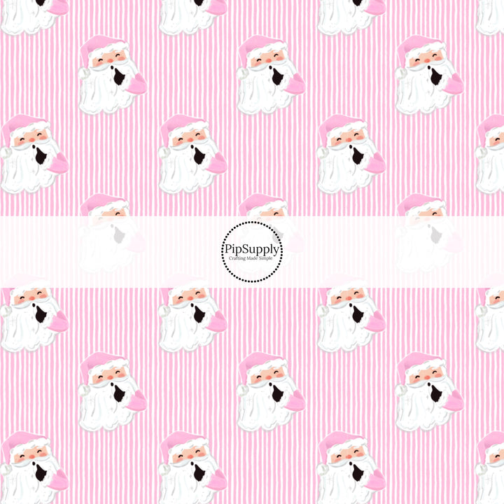 These Santa themed pattern fabric by the yard features the following design elements: Santa surrounded by pink and white Christmas stripes. This fun themed fabric can be used for all your sewing and crafting needs!