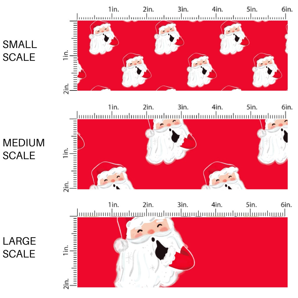 These Santa themed pattern fabric by the yard features the following design elements: Santa on red. This fun themed fabric can be used for all your sewing and crafting needs!