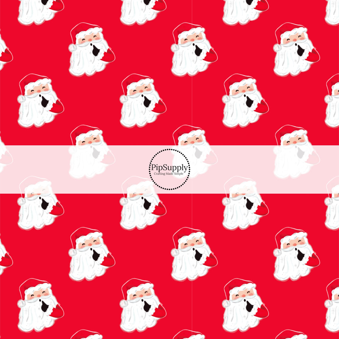 These Santa themed pattern fabric by the yard features the following design elements: Santa on red. This fun themed fabric can be used for all your sewing and crafting needs!