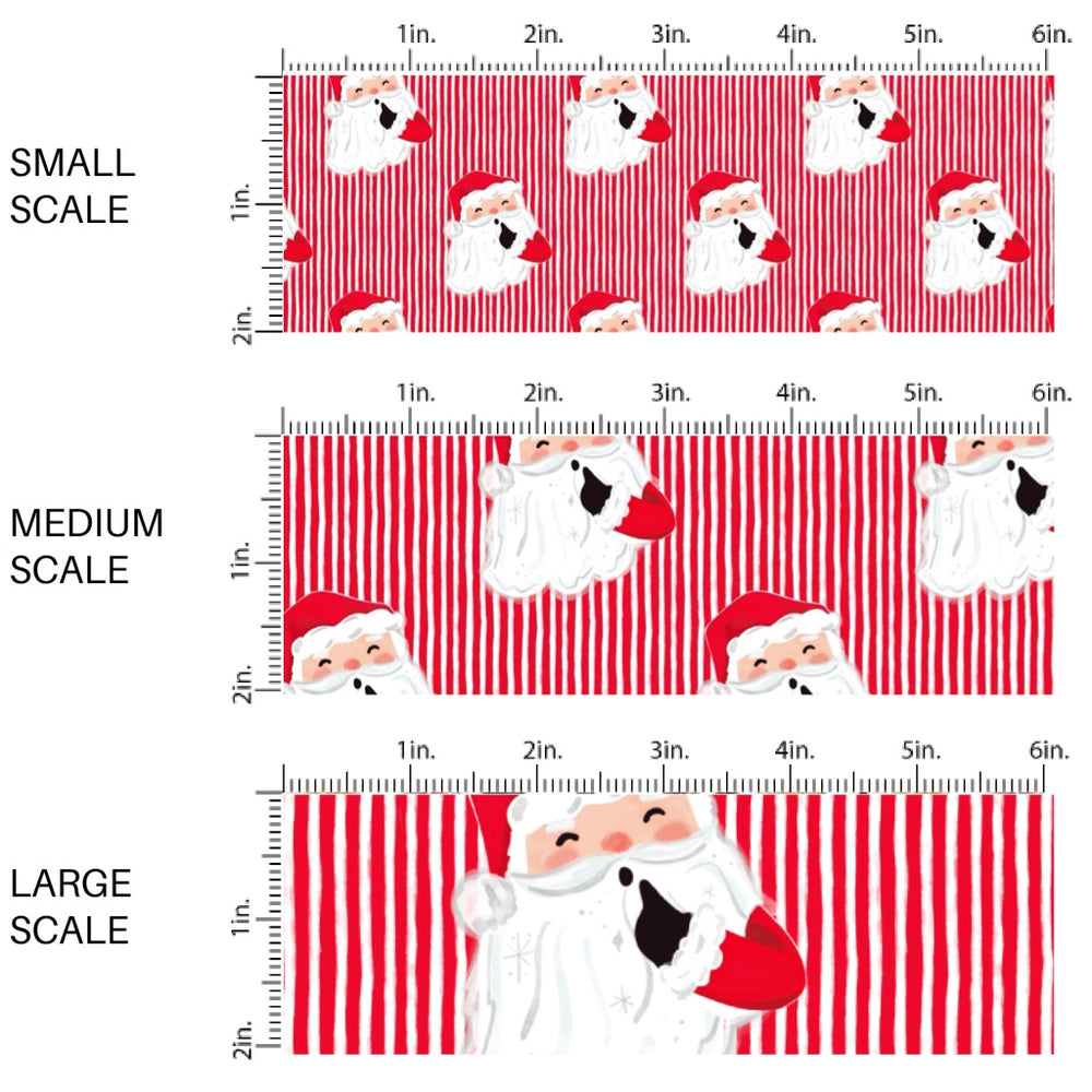 These Santa themed pattern fabric by the yard features the following design elements: Santa surrounded by red and white Christmas stripes. This fun themed fabric can be used for all your sewing and crafting needs!