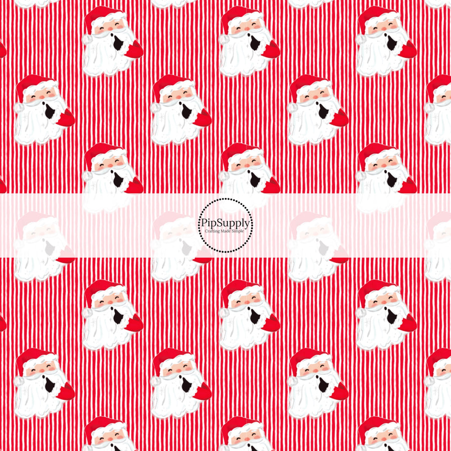 These Santa themed pattern fabric by the yard features the following design elements: Santa surrounded by red and white Christmas stripes. This fun themed fabric can be used for all your sewing and crafting needs!