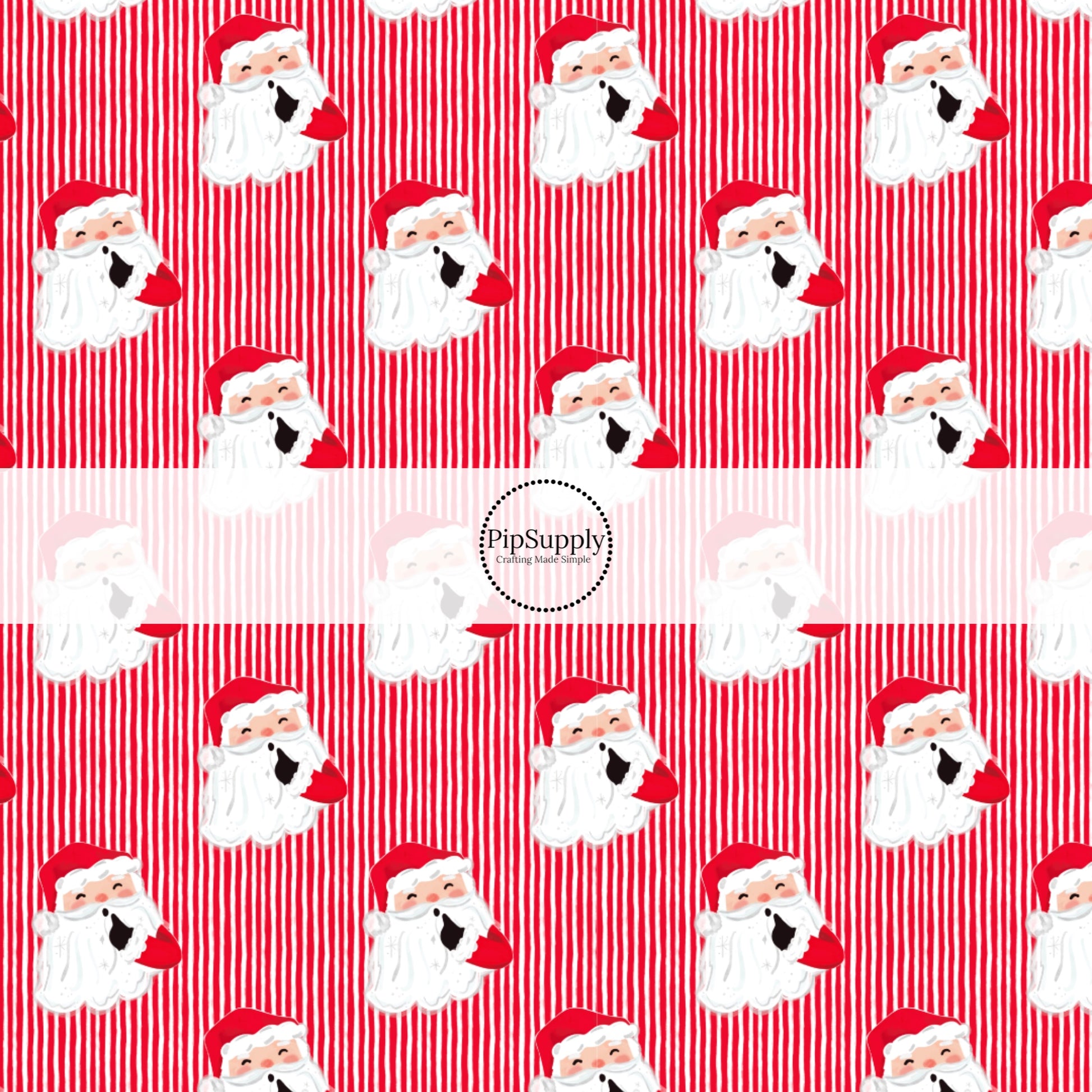 These Santa themed no sew bow strips can be easily tied and attached to a clip for a finished hair bow. These fun patterned bow strips are great for personal use or to sell. These bow strips feature the following design elements: Santa surrounded by red and white Christmas stripes.