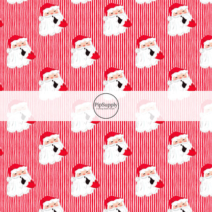 These Santa themed no sew bow strips can be easily tied and attached to a clip for a finished hair bow. These fun patterned bow strips are great for personal use or to sell. These bow strips feature the following design elements: Santa surrounded by red and white Christmas stripes.