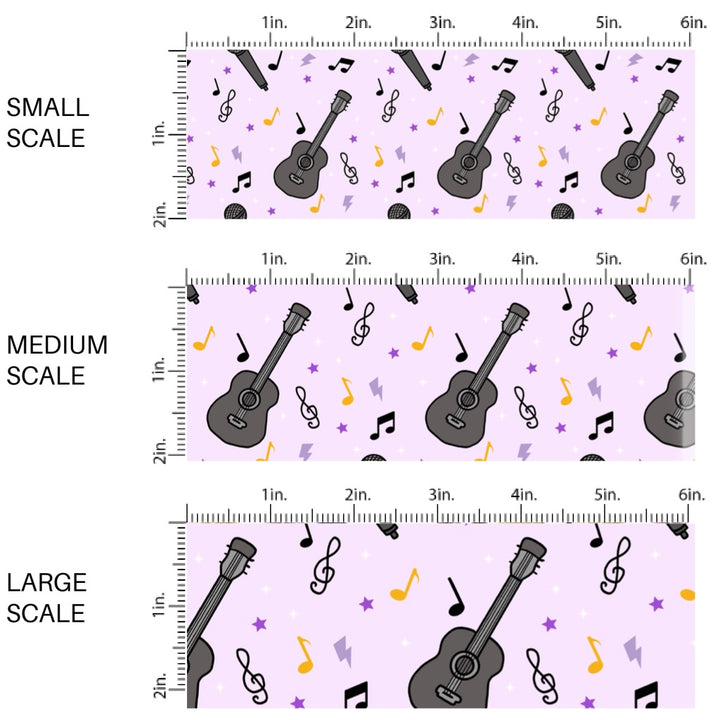 These singing themed fabric by the yard features microphones, guitars, and musical notes. This fun pattern fabric can be used for all your sewing and crafting needs!