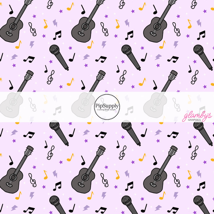 These singing themed fabric by the yard features microphones, guitars, and musical notes. This fun pattern fabric can be used for all your sewing and crafting needs!