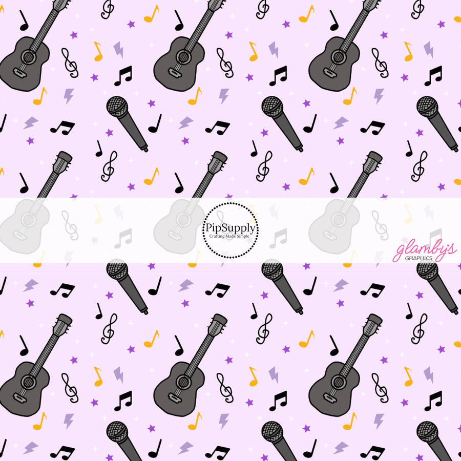 These singing themed fabric by the yard features microphones, guitars, and musical notes. This fun pattern fabric can be used for all your sewing and crafting needs!