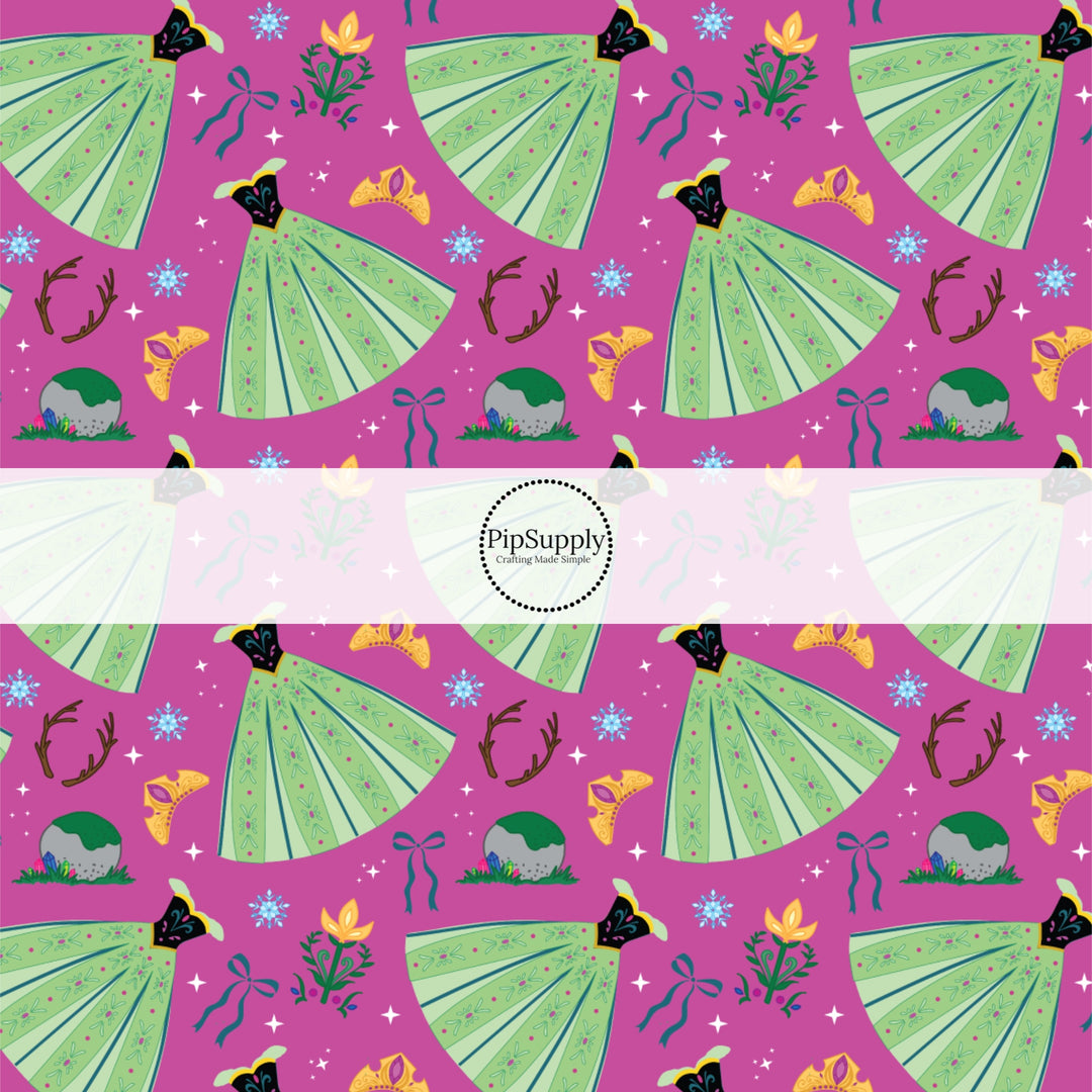 These magical princess themed fabric by the yard features dresses, tiaras, and bows on purple. This fun pattern fabric can be used for all your sewing and crafting needs!