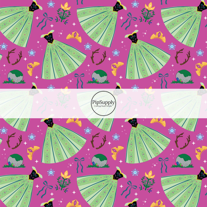 These magical princess themed fabric by the yard features dresses, tiaras, and bows on purple. This fun pattern fabric can be used for all your sewing and crafting needs!