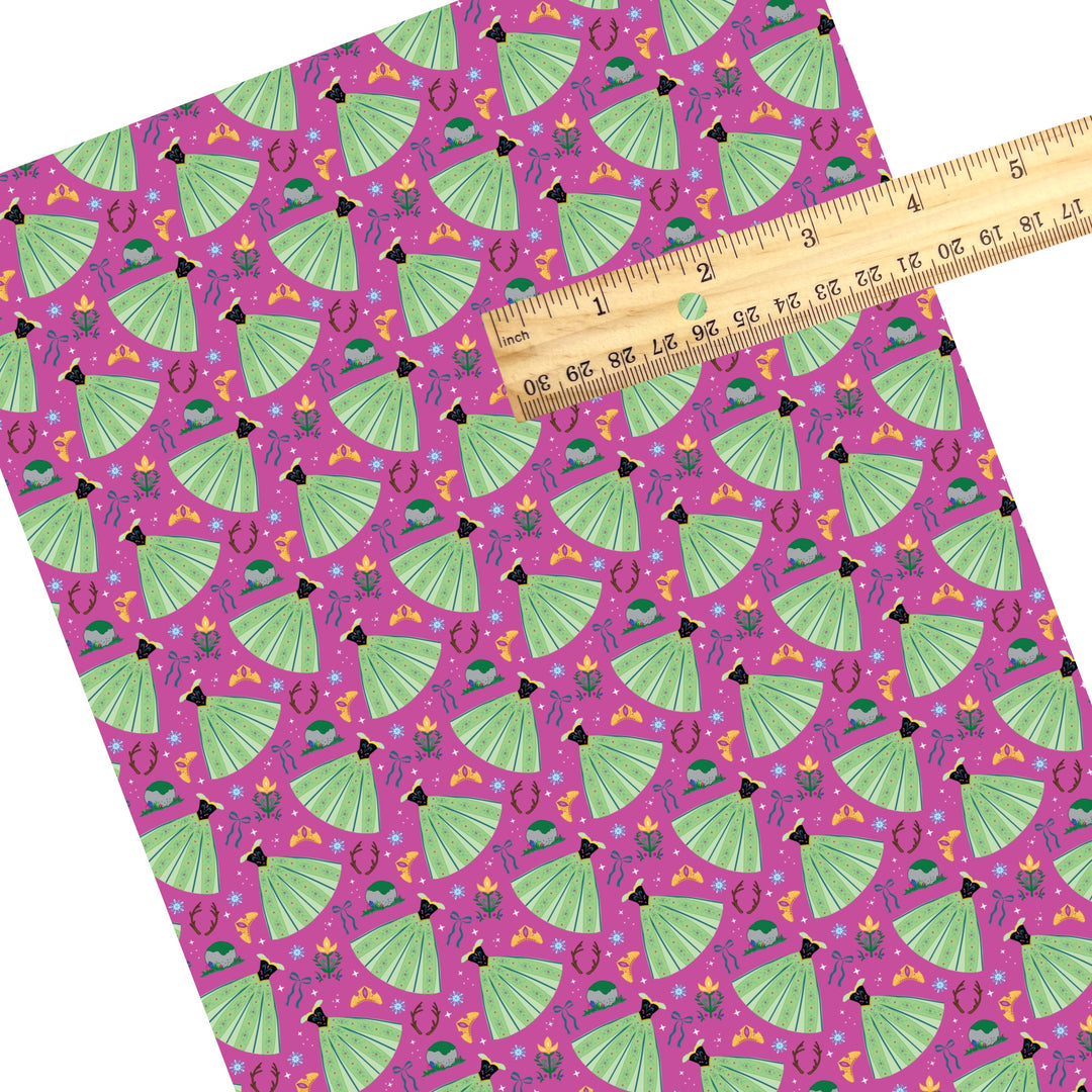 These magical princess themed faux leather sheets contain the following design elements: dresses, tiaras, and bows on purple. Our CPSIA compliant faux leather sheets or rolls can be used for all types of crafting projects.