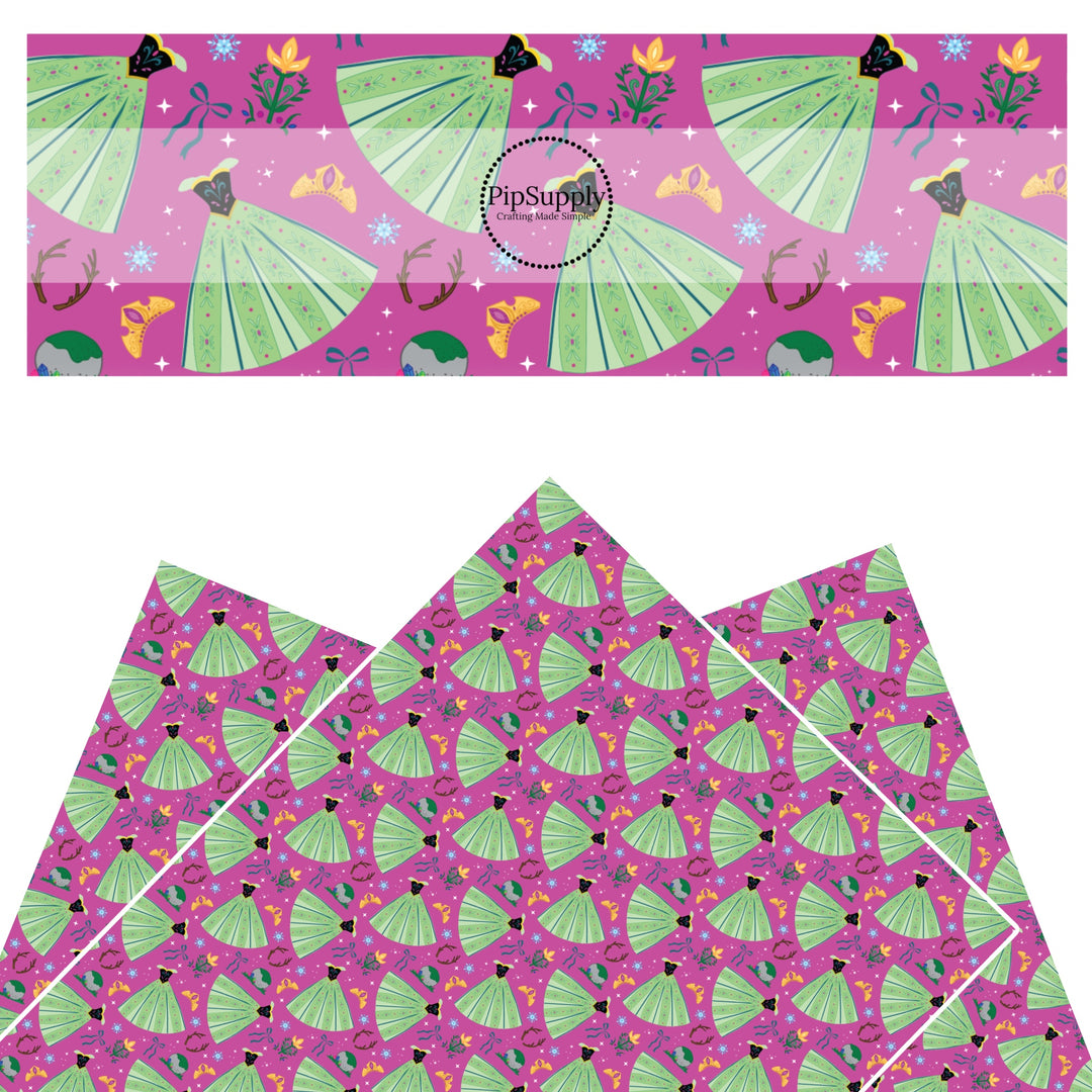 These magical princess themed faux leather sheets contain the following design elements: dresses, tiaras, and bows on purple. Our CPSIA compliant faux leather sheets or rolls can be used for all types of crafting projects.