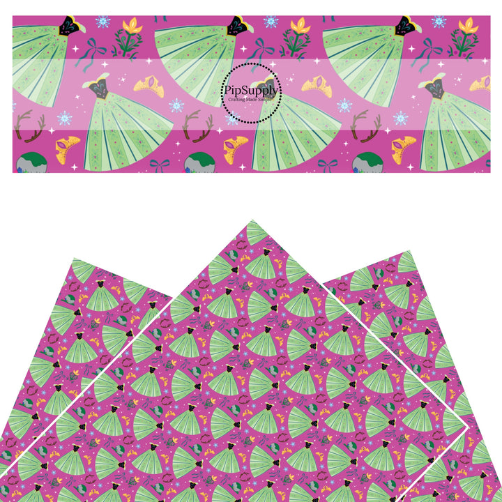 These magical princess themed faux leather sheets contain the following design elements: dresses, tiaras, and bows on purple. Our CPSIA compliant faux leather sheets or rolls can be used for all types of crafting projects.
