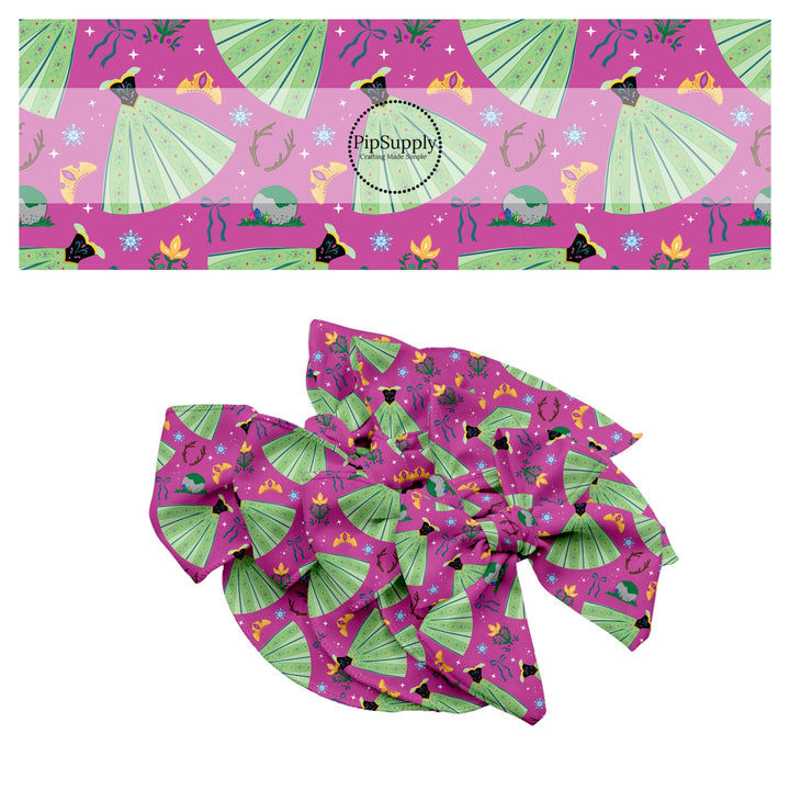 These magical princess themed no sew bow strips can be easily tied and attached to a clip for a finished hair bow. These bow strips are great for personal use or to sell. These bow strips feature the following design elements: dresses, tiaras, and bows on purple.