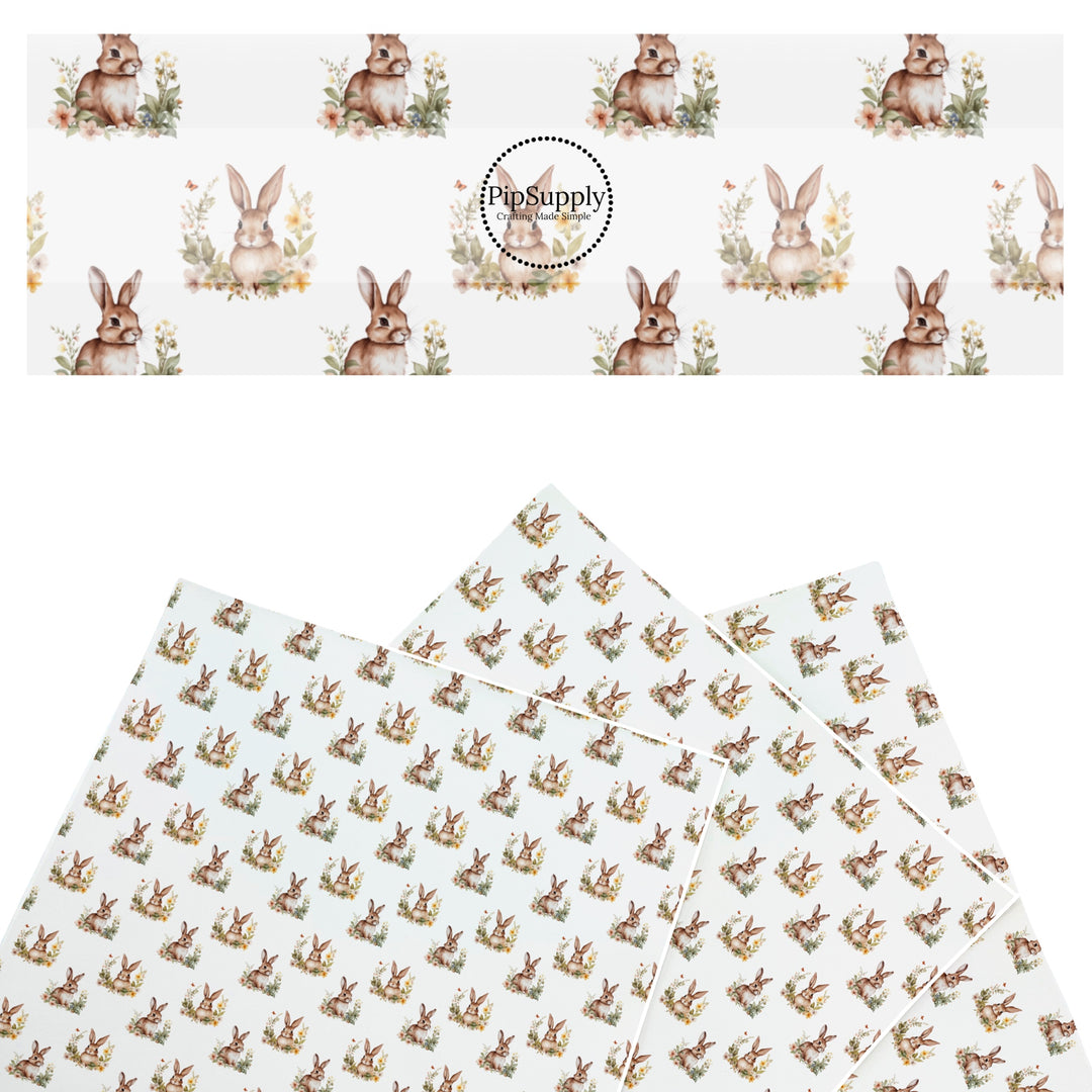 These Easter themed faux leather sheets contain the following design elements: Easter bunnies surrounded by flowers. Our CPSIA compliant faux leather sheets or rolls can be used for all types of crafting projects.