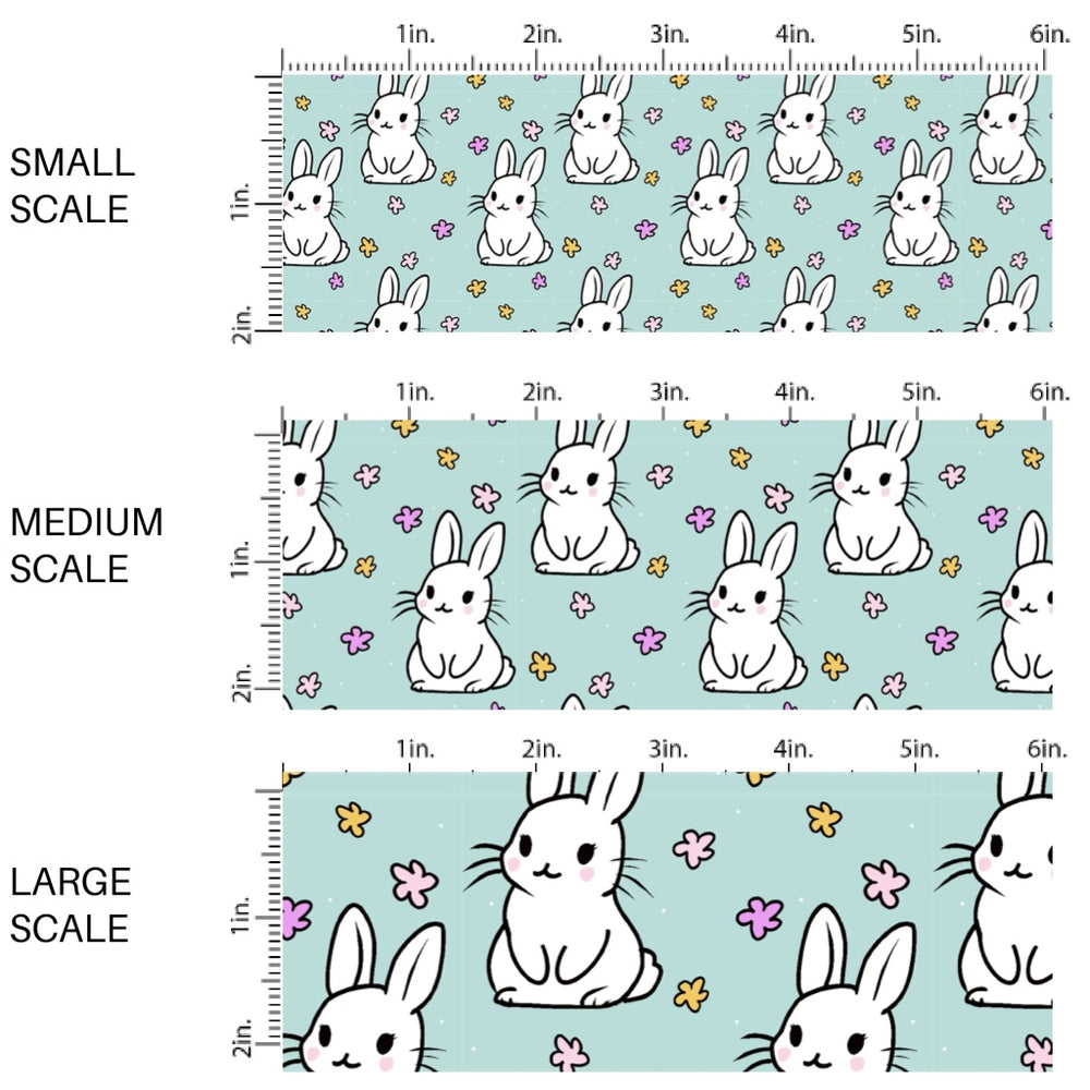 This Easter themed fabric by the yard features white Easter bunnies surrounded by tiny flowers on aqua. This fun pattern fabric can be used for all your sewing and crafting needs!