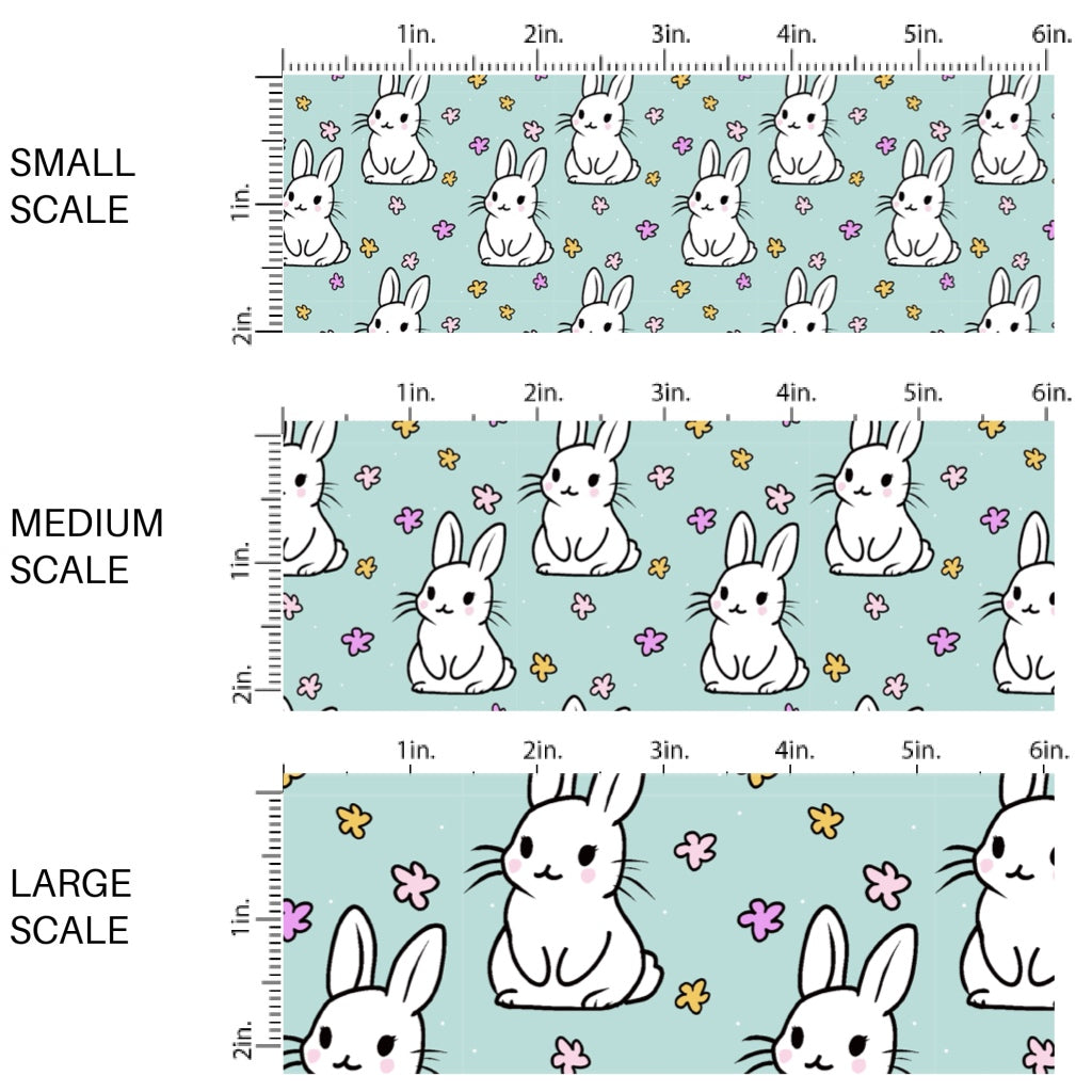 This Easter themed fabric by the yard features white Easter bunnies surrounded by tiny flowers on aqua. This fun pattern fabric can be used for all your sewing and crafting needs!