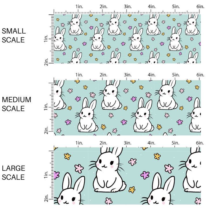 This Easter themed fabric by the yard features white Easter bunnies surrounded by tiny flowers on aqua. This fun pattern fabric can be used for all your sewing and crafting needs!