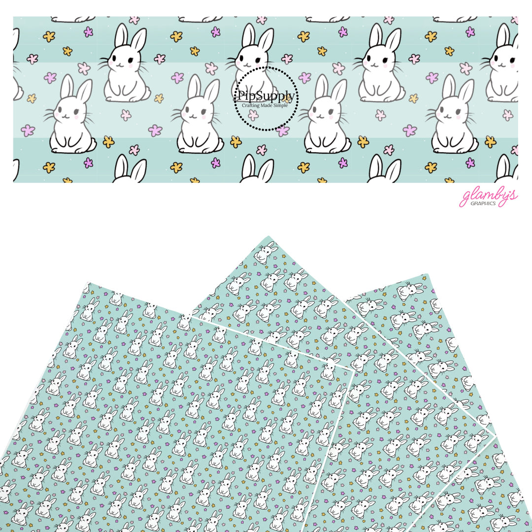 These Easter themed faux leather sheets contain the following design elements: white Easter bunnies surrounded by tiny flowers on aqua. Our CPSIA compliant faux leather sheets or rolls can be used for all types of crafting projects.