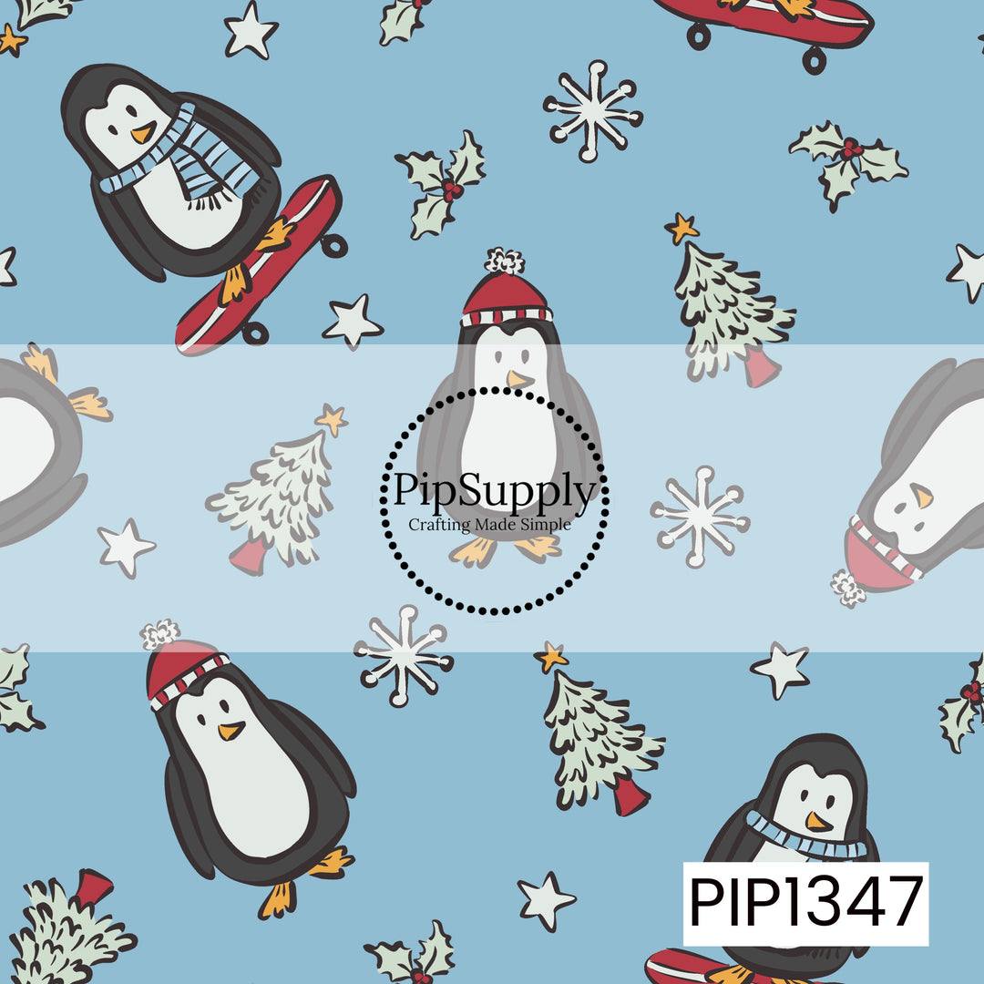 A playful winter seamless pattern featuring adorable black and white penguins wearing cozy blue scarves and red knit hats, with some riding bright red snowboards. Scattered throughout are whimsical white snowflakes, stars, holly leaves with red berries, and snow-covered Christmas trees. Set against a soft icy blue background, this design has a cheerful, hand-drawn style with a fun and festive winter feel.