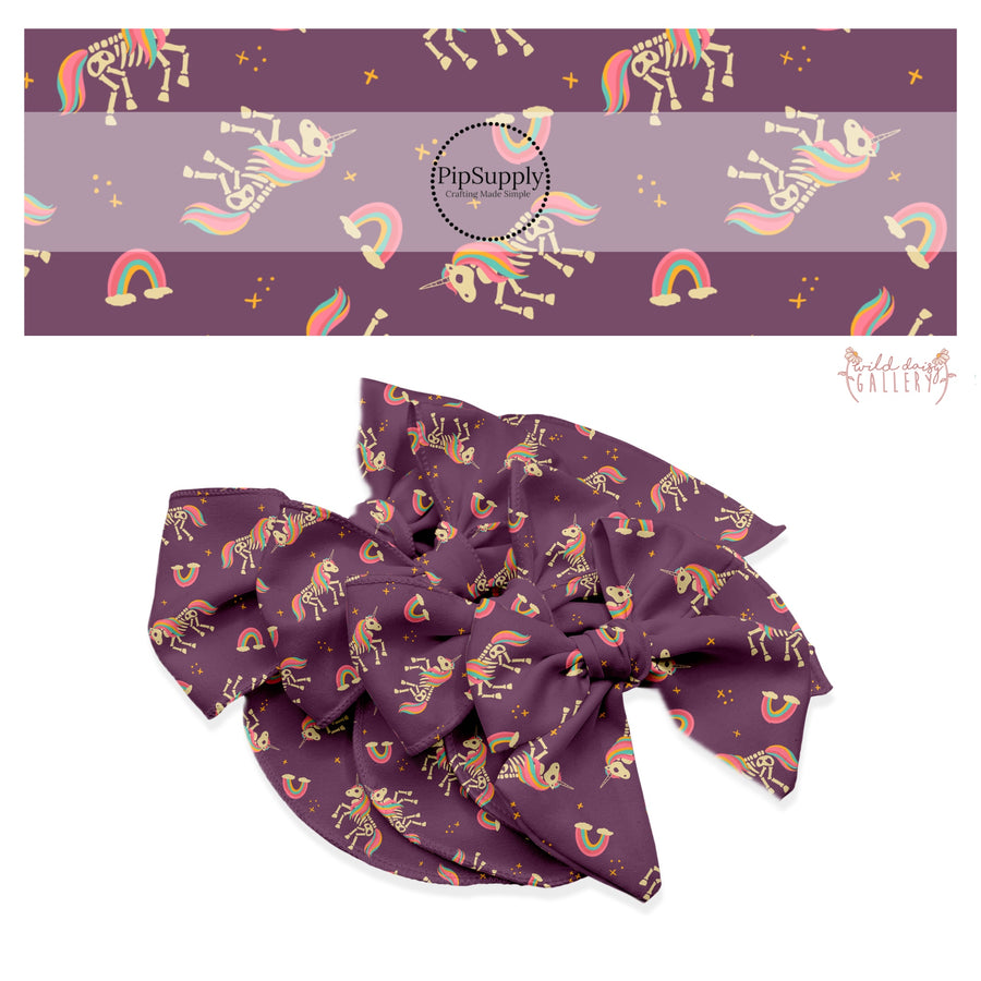 Skeleton unicorns with rainbows on purple hair bow strips