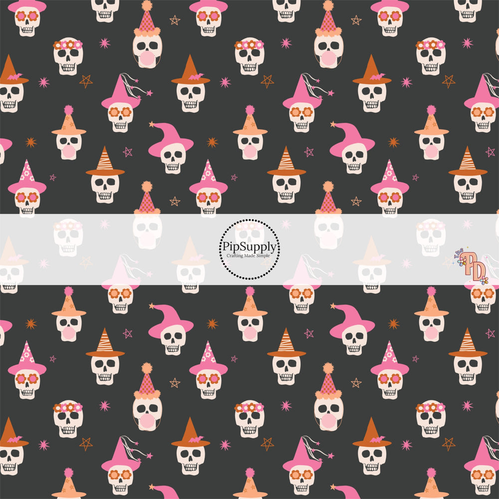 Skeletons with party hats and balloons on black hair bow strips 