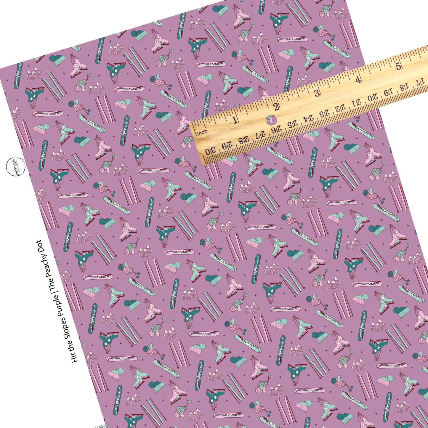 Skis and skates with stars on purple faux leather sheets