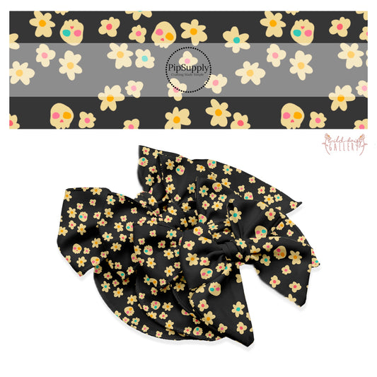 Cream flowers and skulls on charcoal hair bow strips