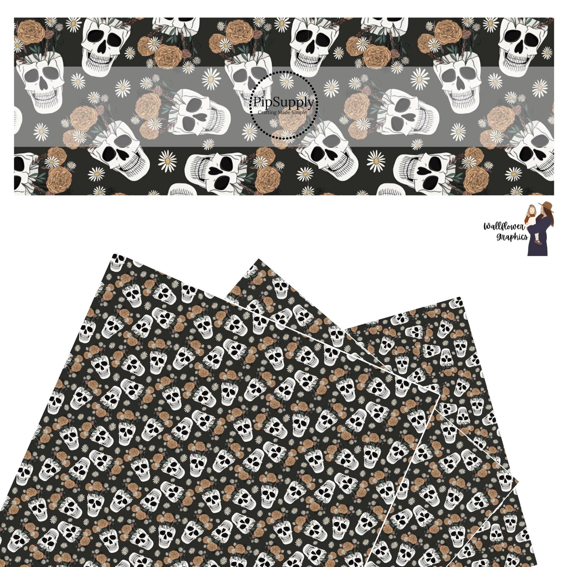 Skulls with flowers on black faux leather sheets