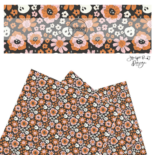 Pink and orange flowers with white skulls on black faux leather sheets