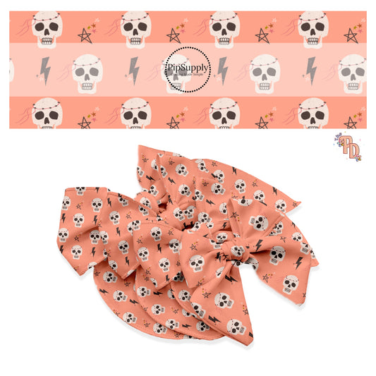 Stars, lightning bolts, and skulls on peachy pink hair bow strips