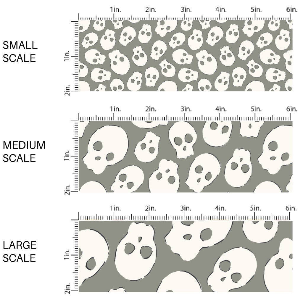 This scale chart of small scale, medium scale, and large scale of these Halloween themed pattern fabric by the yard features the following design elements: cream skulls on gray. This fun spooky themed fabric can be used for all your sewing and crafting needs!