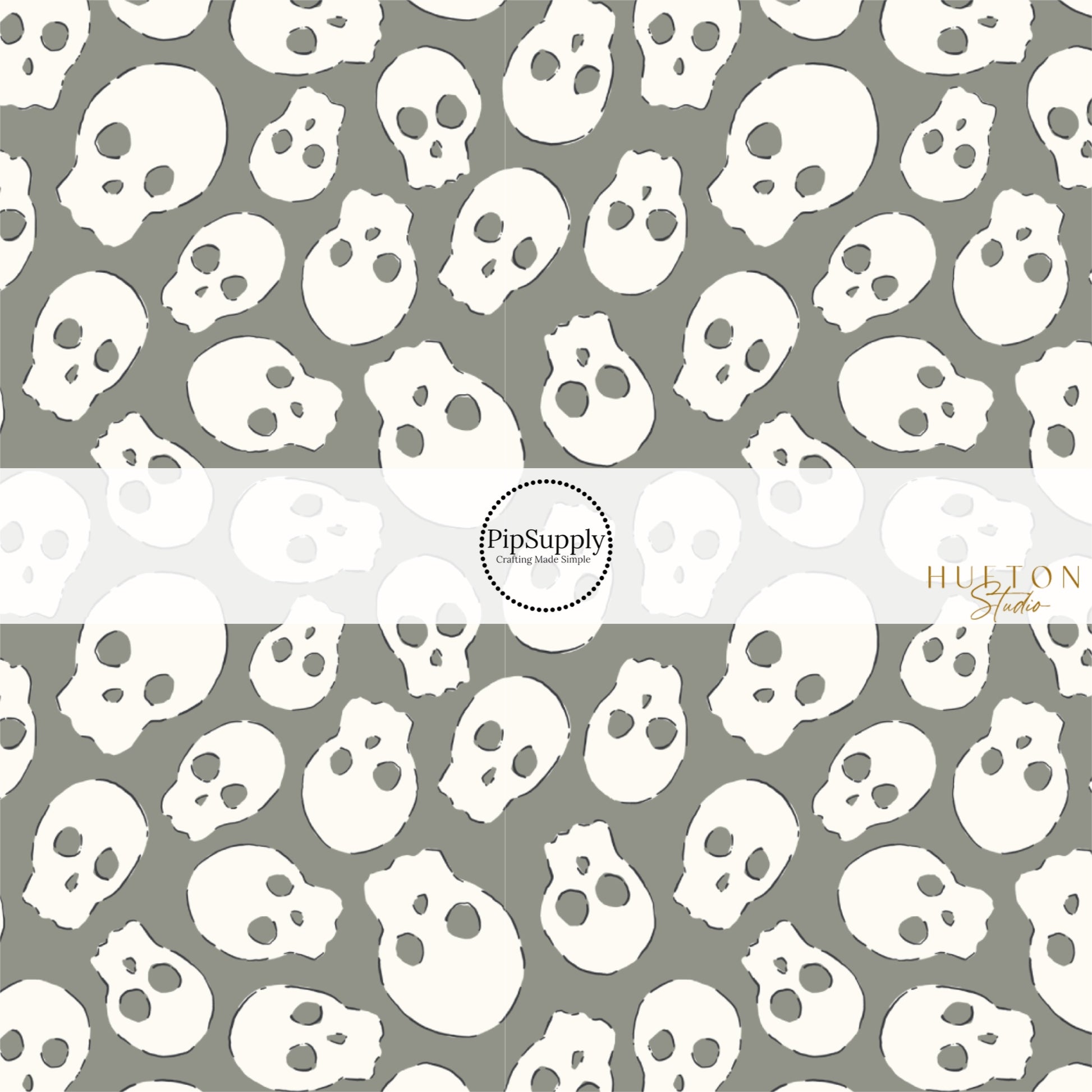 These Halloween themed pattern fabric by the yard features the following design elements: cream skulls on gray. This fun spooky themed fabric can be used for all your sewing and crafting needs!