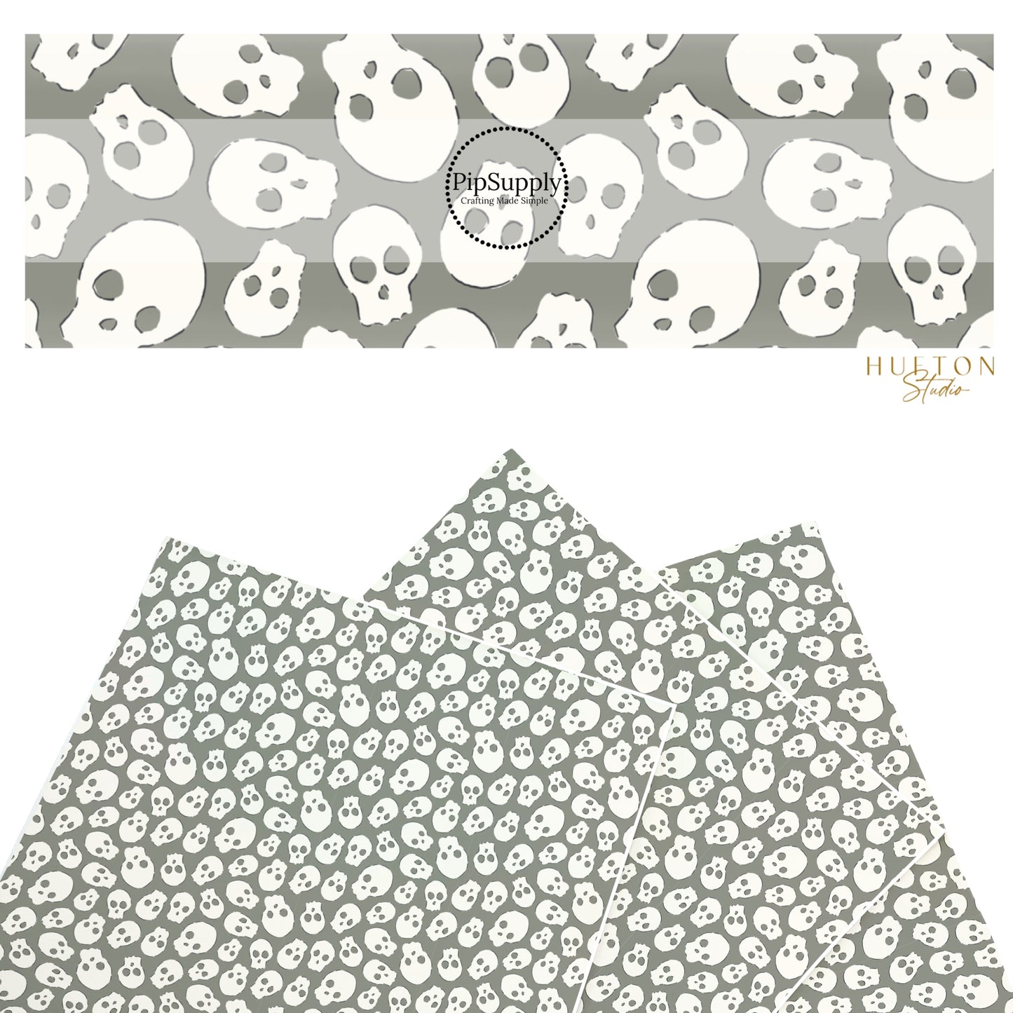 These Halloween themed pattern faux leather sheets contain the following design elements: cream skulls on grey. Our CPSIA compliant faux leather sheets or rolls can be used for all types of crafting projects.