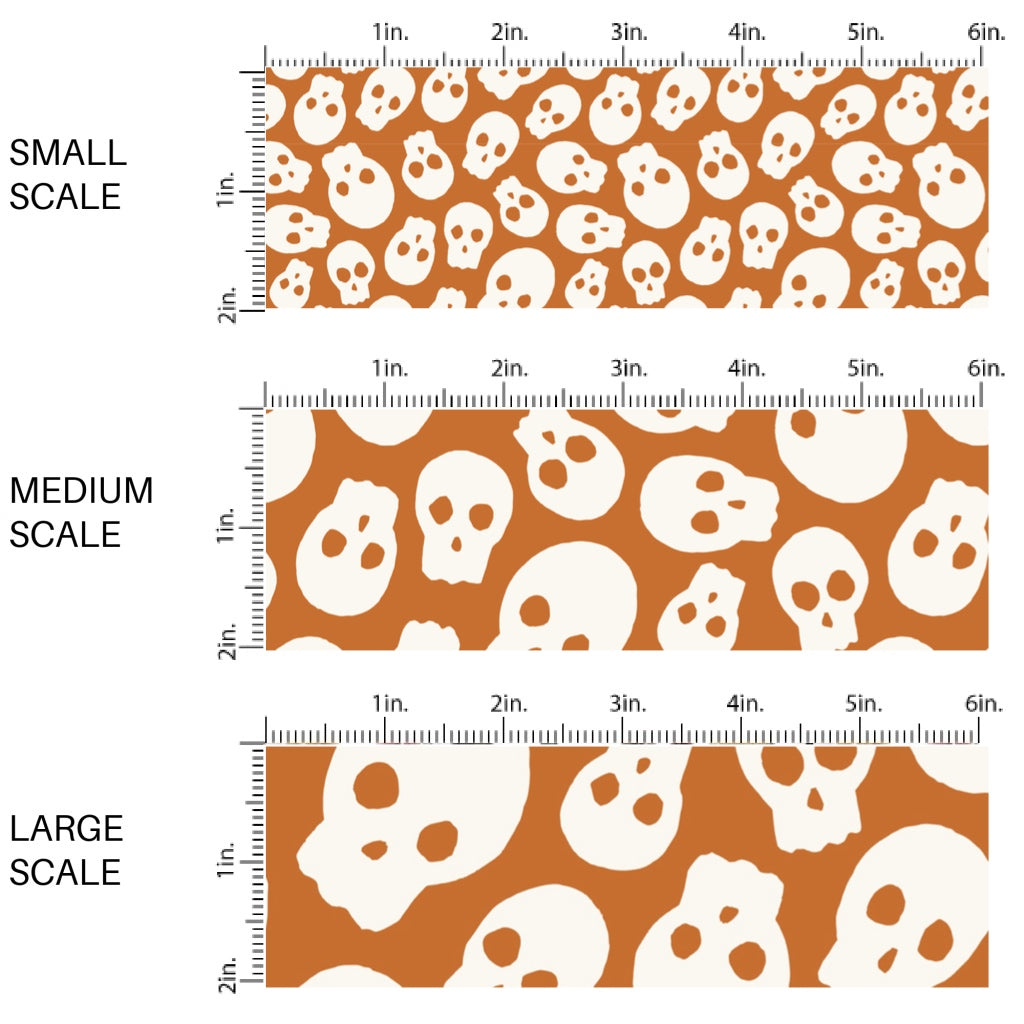 This scale chart of small scale, medium scale, and large scale of these Halloween themed pattern fabric by the yard features the following design elements: cream skulls on orange. This fun spooky themed fabric can be used for all your sewing and crafting needs!