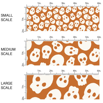 This scale chart of small scale, medium scale, and large scale of these Halloween themed pattern fabric by the yard features the following design elements: cream skulls on orange. This fun spooky themed fabric can be used for all your sewing and crafting needs!