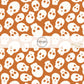 These Halloween themed pattern fabric by the yard features the following design elements: cream skulls on orange. This fun spooky themed fabric can be used for all your sewing and crafting needs!