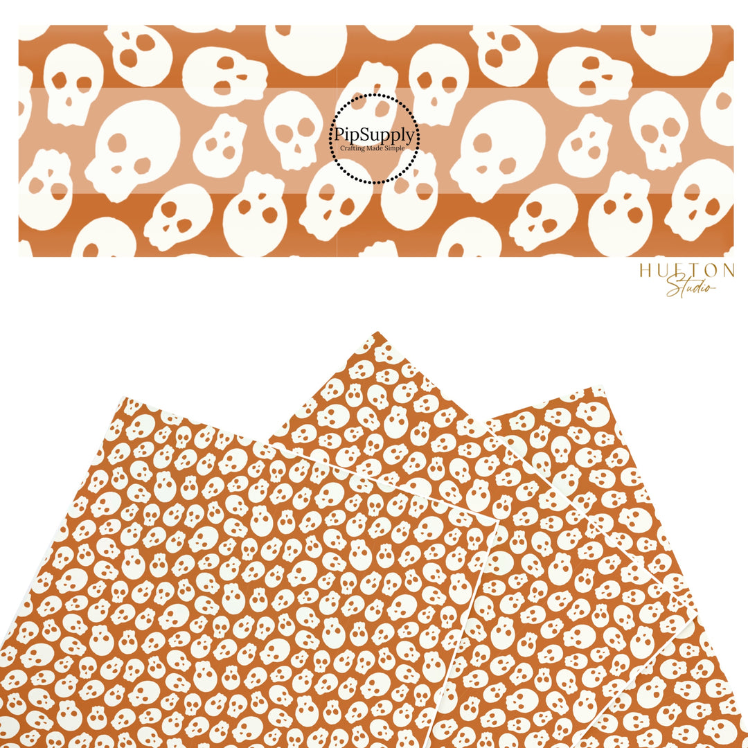 These Halloween themed pattern faux leather sheets contain the following design elements: cream skulls on orange. Our CPSIA compliant faux leather sheets or rolls can be used for all types of crafting projects.