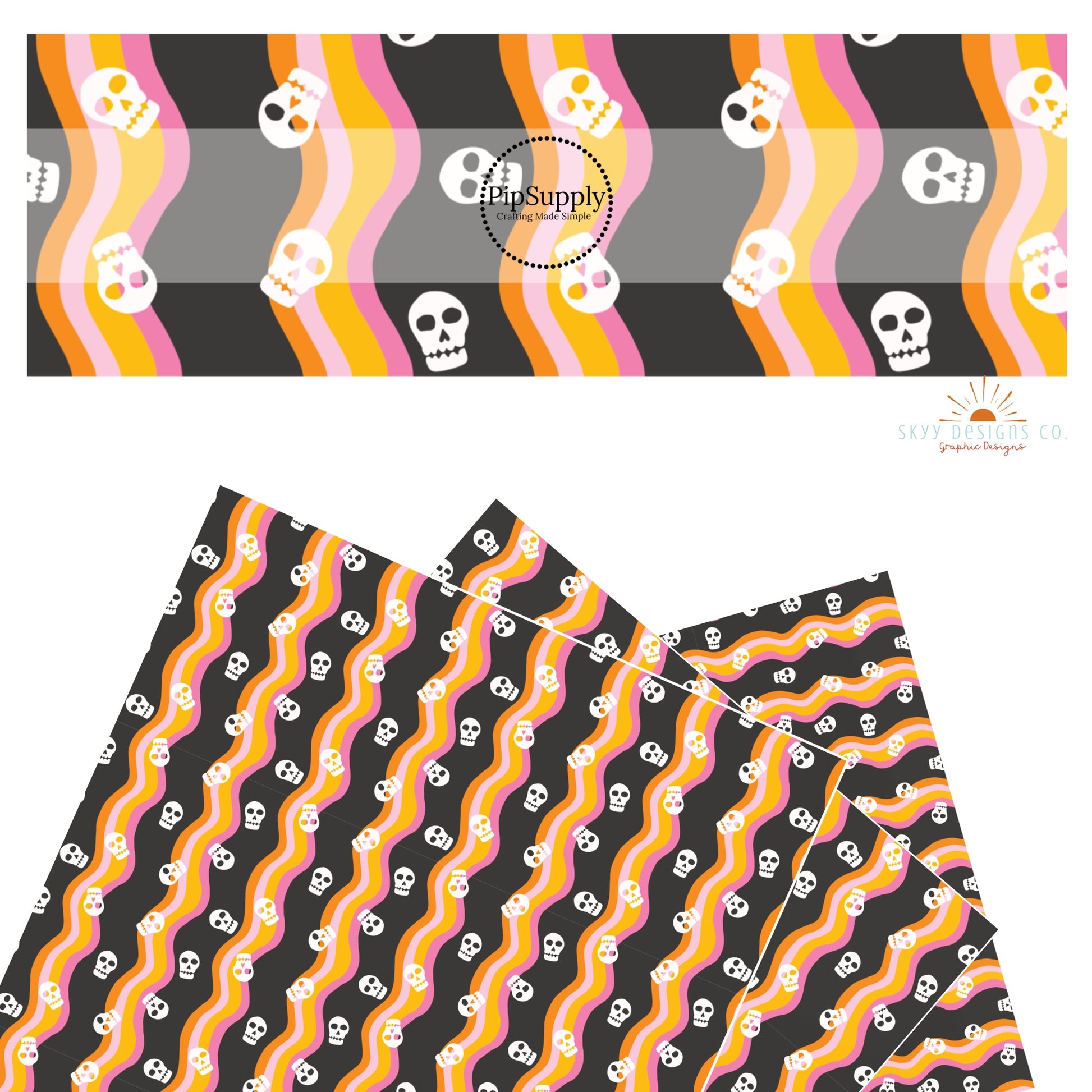 White skulls on pink and orange waves on black faux leather sheets