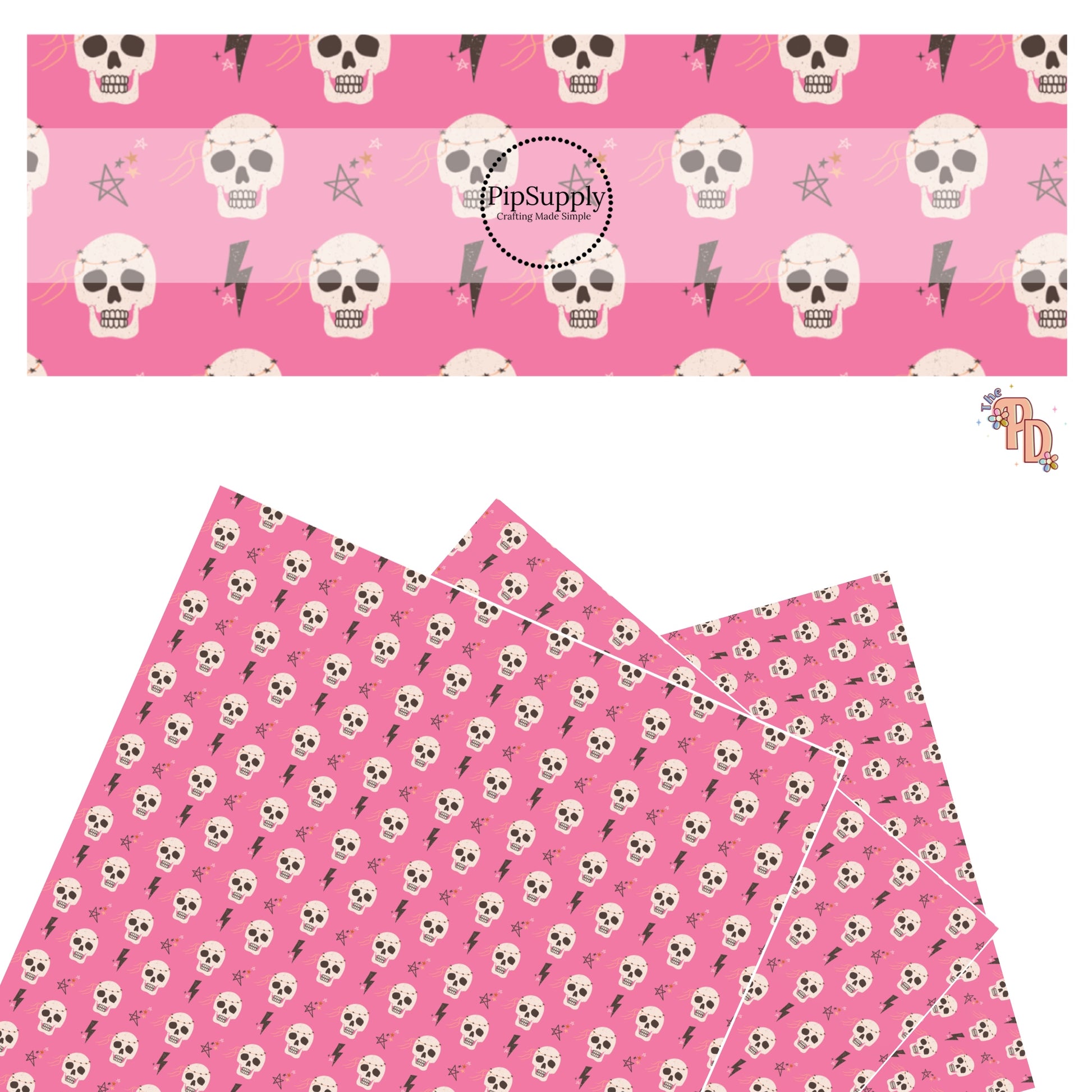 Skulls, lightning bolts, and stars on pink faux leather sheets