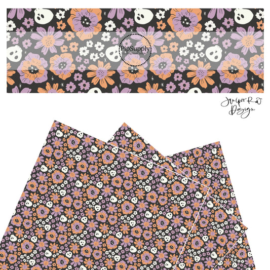 Skulls with purple and orange flowers on black faux leather sheets