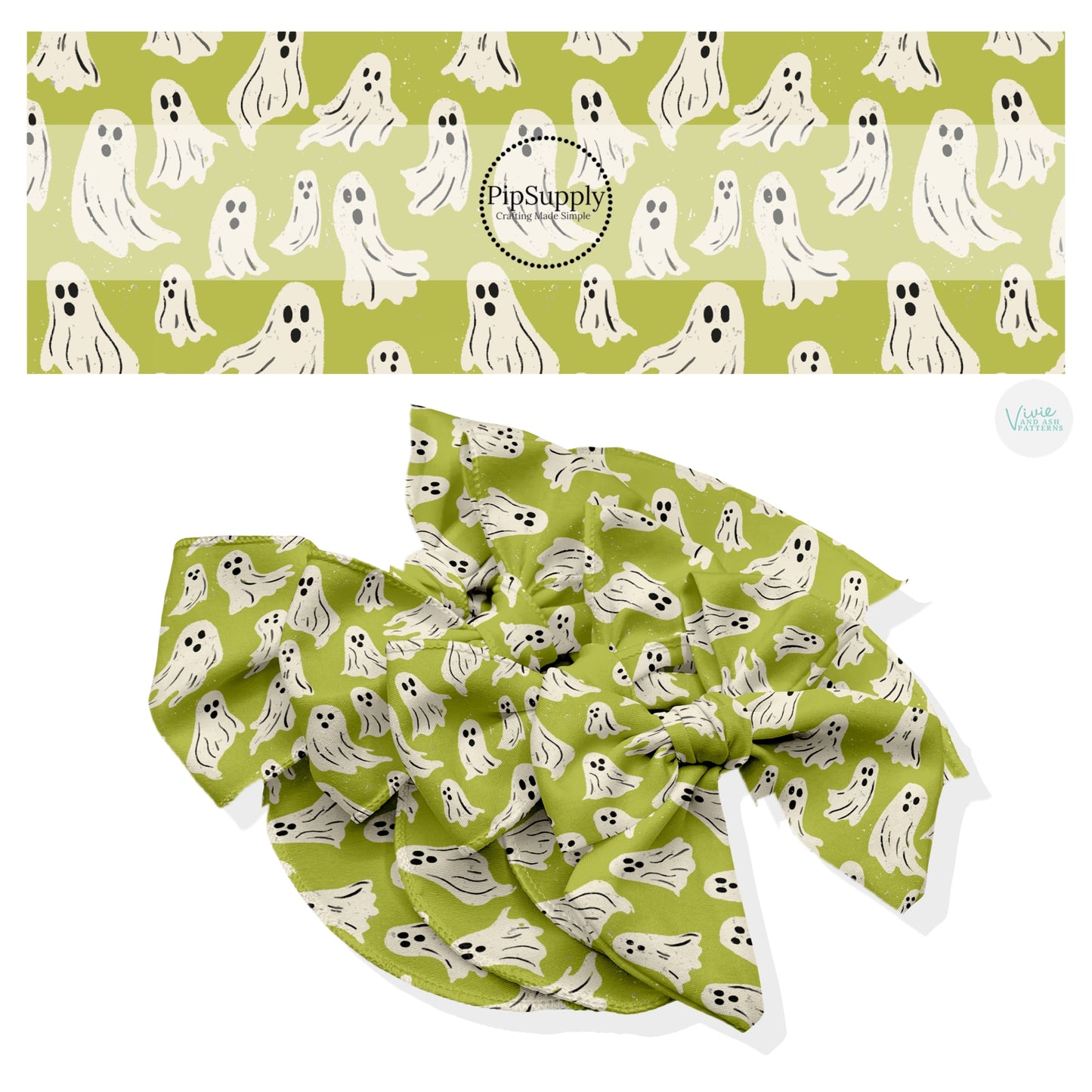 These Halloween themed no sew bow strips can be easily tied and attached to a clip for a finished hair bow. These fun spooky patterned bow strips are great for personal use or to sell. These bow strips feature the following design elements: ghost on green slime.