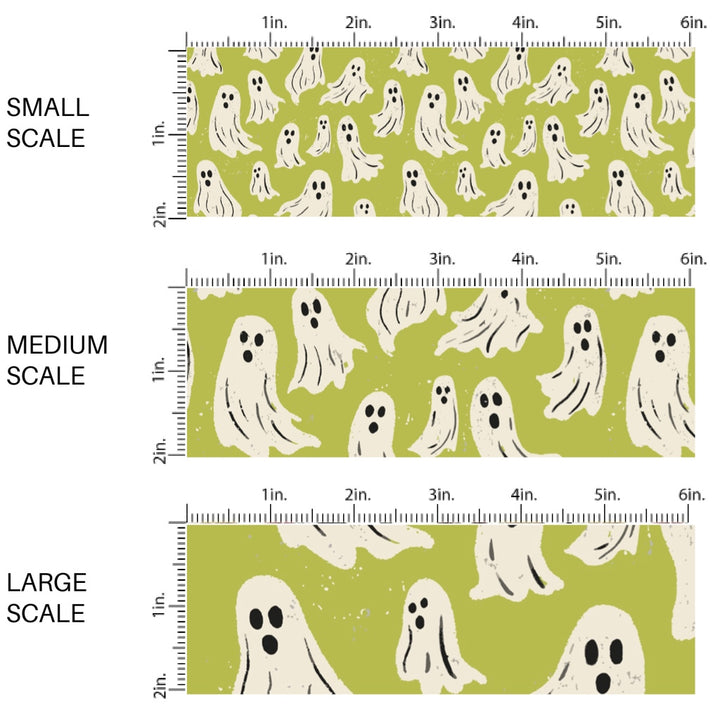 This scale chart of small scale, medium scale, and large scale of these Halloween themed pattern fabric by the yard features the following design elements: ghost on green slime. This fun spooky themed fabric can be used for all your sewing and crafting needs!