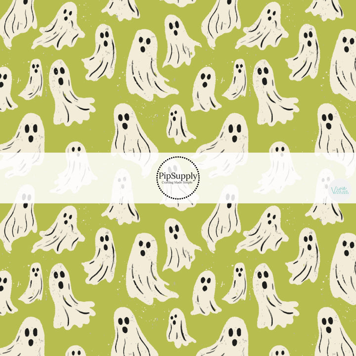 These Halloween themed pattern fabric by the yard features the following design elements: ghost on green slime. This fun spooky themed fabric can be used for all your sewing and crafting needs!