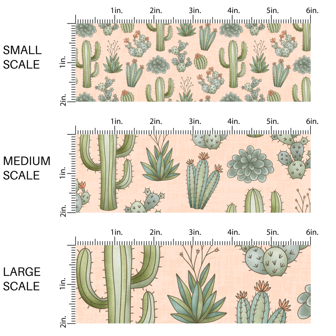 This scale image with small scale, medium scale, and large scale of these small pink desert flowers and cacti on light blush fabric by the yard features green flowers and cacti plant.