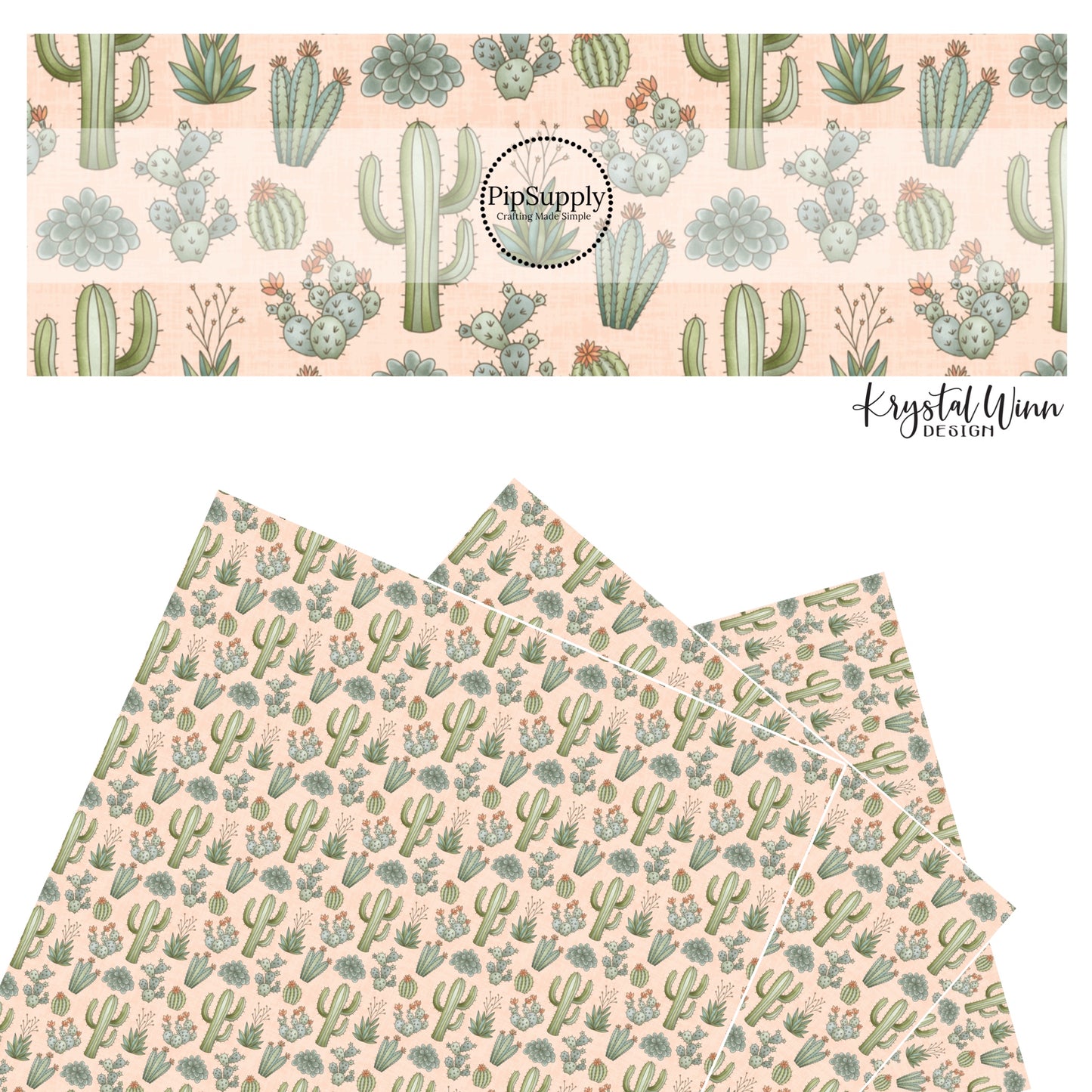 These small pink desert flowers and cacti on light blush faux leather sheets contain the following design elements: green flowers and cacti plants.