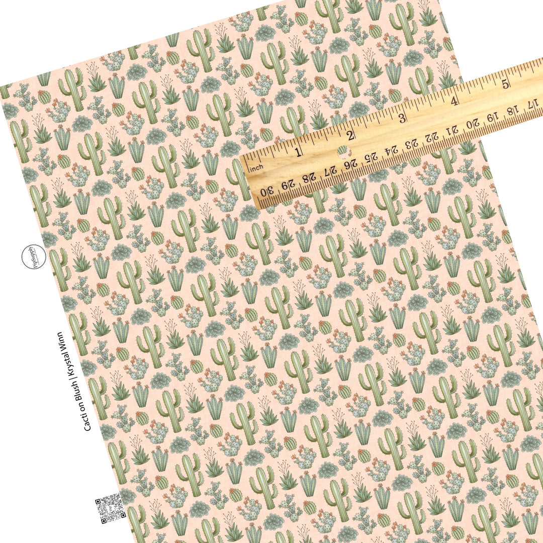 These small pink desert flowers and cacti on light blush faux leather sheets contain the following design elements: green flowers and cacti plants.