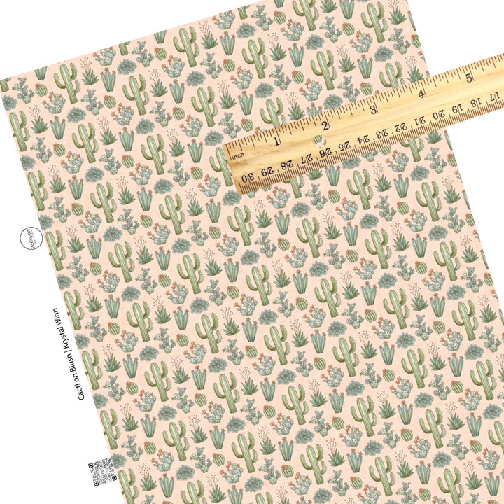 These small pink desert flowers and cacti on light blush faux leather sheets contain the following design elements: green flowers and cacti plants.