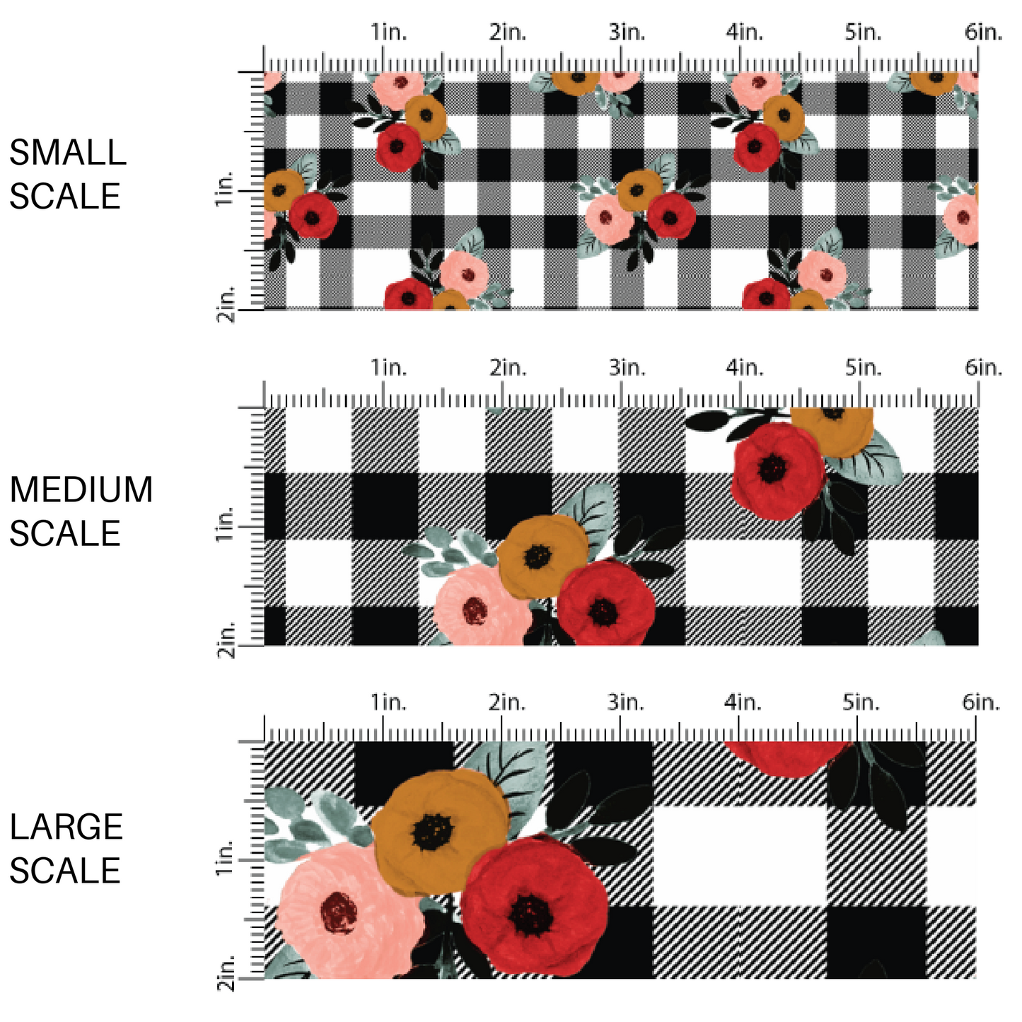 This scale chart of small scale, medium scale, and last scale of these fall themed checker pattern fabric by the yard features black and white checker pattern with floral red, brown, and light pink flowers. This fun fall themed fabric can be used for all your sewing and crafting needs! 